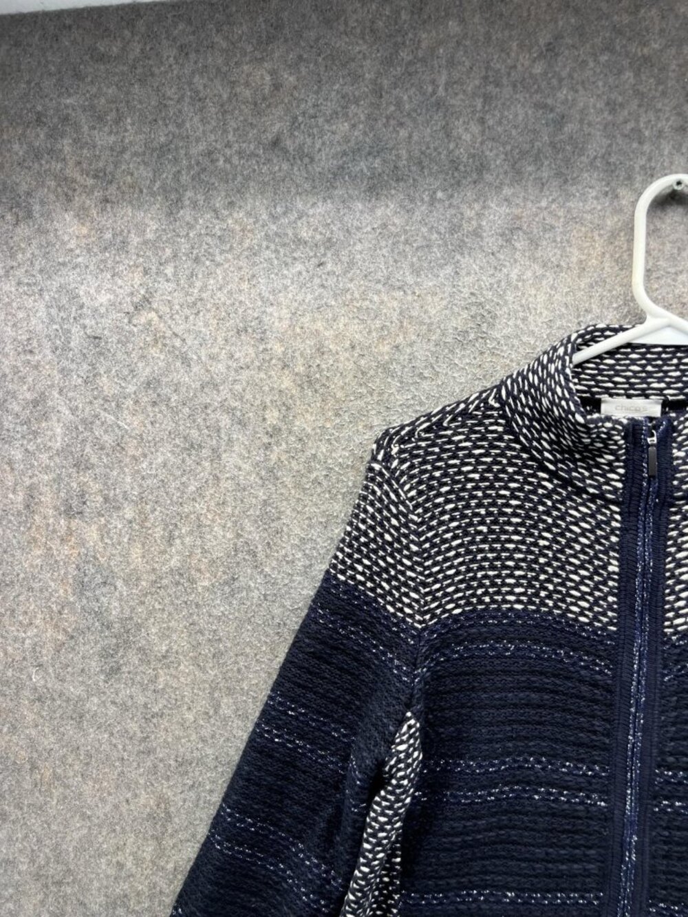 Chico's Sweater Womens 1 Blue Mock Neck Full Zip Striped Knit Long Sleeve - Picture 6 of 10